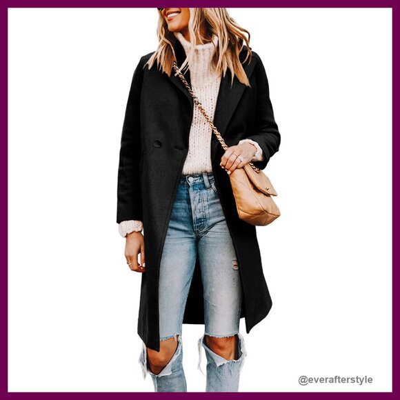 Double Breasted Wool Blend Trench Coat Classic Elegant Chic Pea Coat